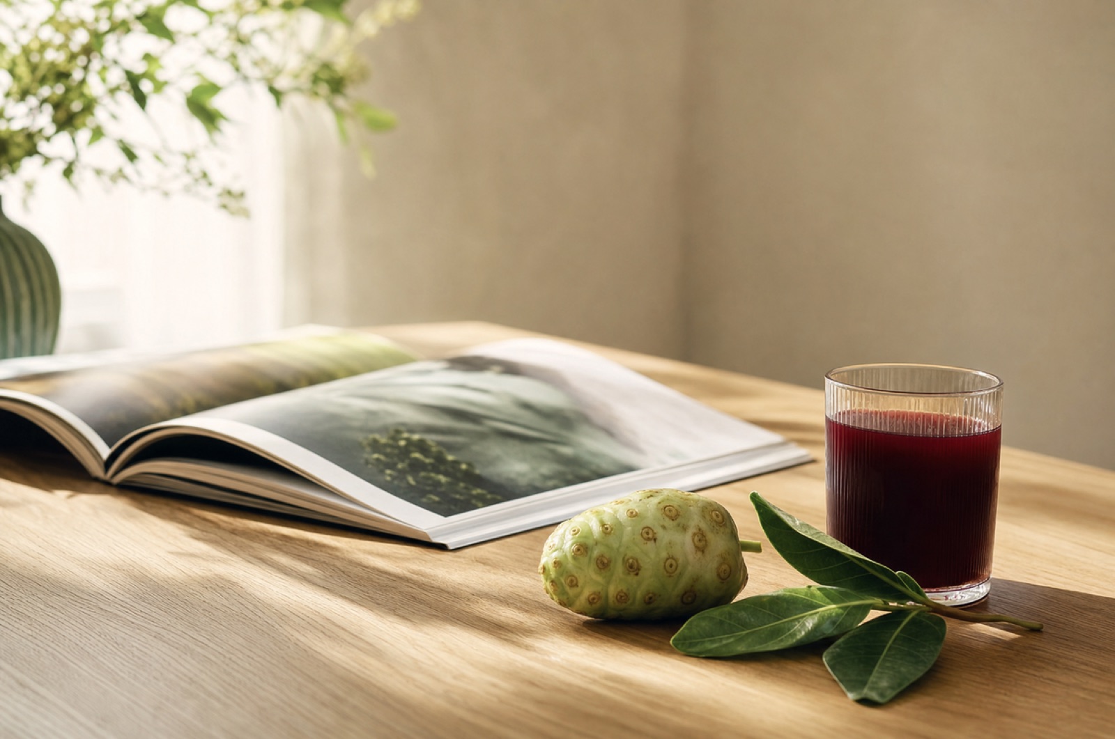 Aufgeschlagenes Buch, eine Noni-Frucht mit Blättern und ein Glas Noni-Saft auf einem Holztisch