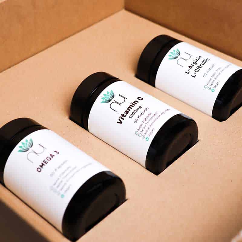 NUI Man Power Box L-Arginin L-Citrullin, Vitamin C und Omega 3 Gläser mit Kapseln in einem Karton
