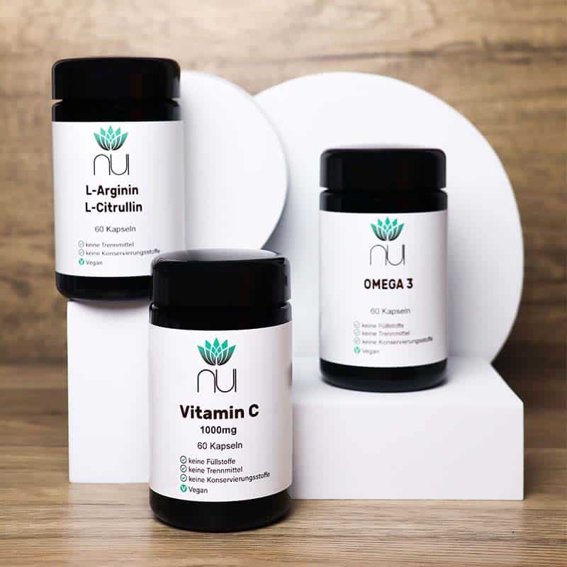 L-Arginin L-Citrullin, Vitamin C und Omega 3 Gläser mit Kapseln
