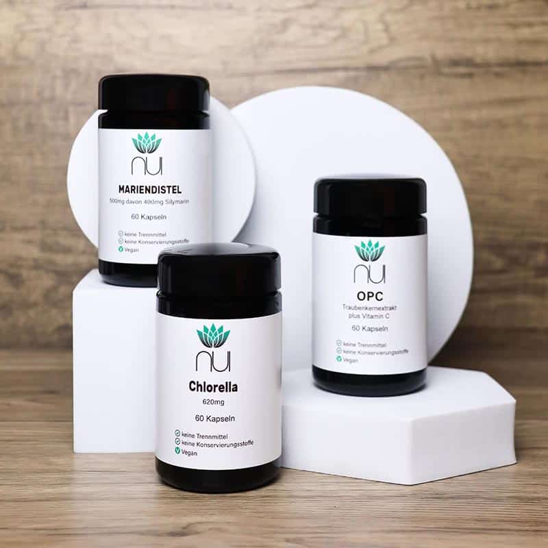 NUI Detoxbox OPC, Chlorella und Mariendistel Gläser