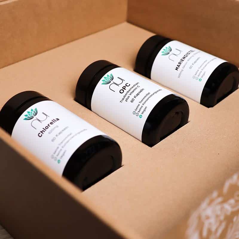 NUI Detoxbox OPC, Chlorella und Mariendistel Gläser in einem Karton