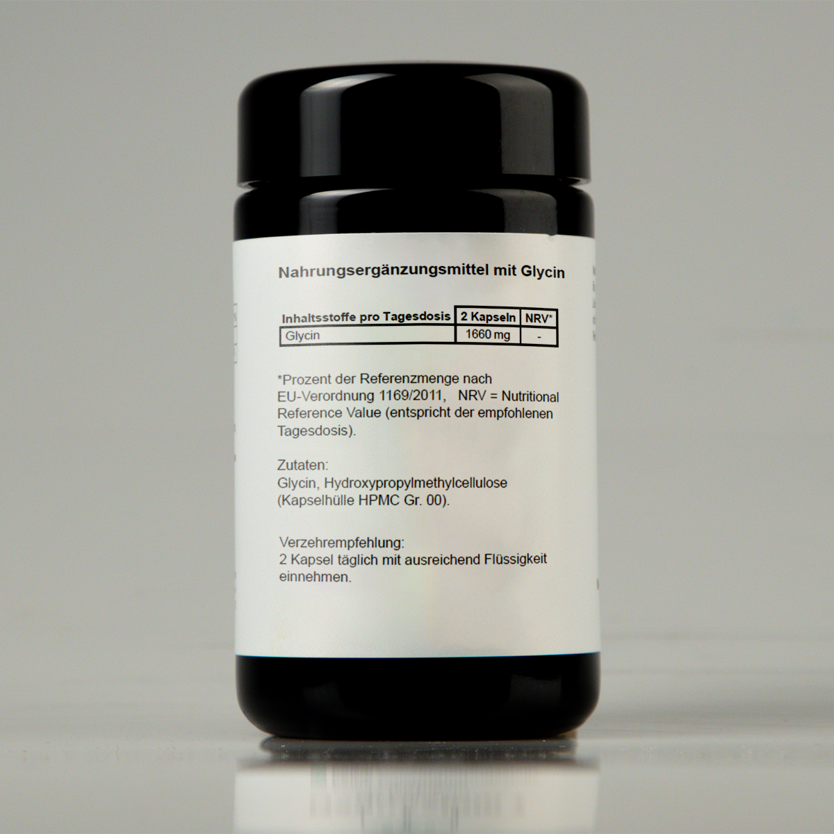 Produktektikett mit Inhaltsstoffen des NUI Glycin Kapseln