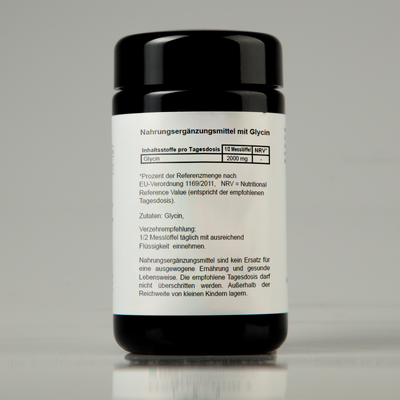 Produktektikett mit Inhaltsstoffen des NUI Glycin Pulver