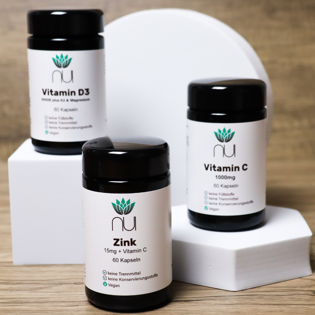 NUI Immunbox light bestehend aus 3 Produkten im Miron Glas. NUI Vitamin C 1.000mg, NUI Vitamin D3&K2 und NUI Zink Kapseln.