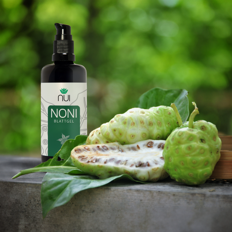 NUI NONI Blattgel neben einer Noni Frucht und Blättern