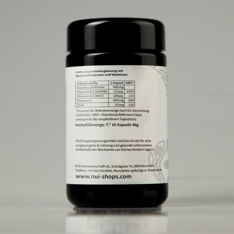 Etikett mit Inhaltsstoffen von den NUI Immunbooster Kapseln