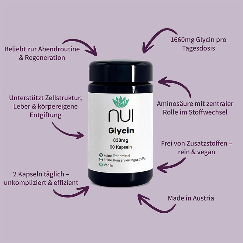Lila Hintergrund mit einer Flasche NUI Glycin Kapseln in der Mitte. Drumherum kreisförmig Pfeile mit Text: ‘830 mg Glycin pro Kapsel’, ‘Ohne Füllstoffe, vegan’, ‘Unterstützt antioxidativen Schutz’, ‘Täglich 1–2 Kapseln einnehmen.