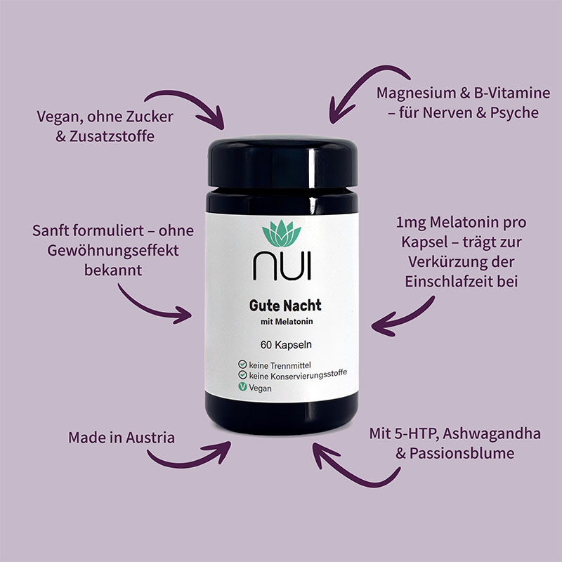Lila Hintergrund mit einer Flasche NUI Gute Nacht mit Melatonin in der Mitte. Drumherum kreisförmig Pfeile mit Text: ‘Mit Melatonin für besseren Schlaf’, ‘Ohne Füllstoffe, vegan’, ‘1 Kapsel 30 Minuten vor dem Schlafengehen.
