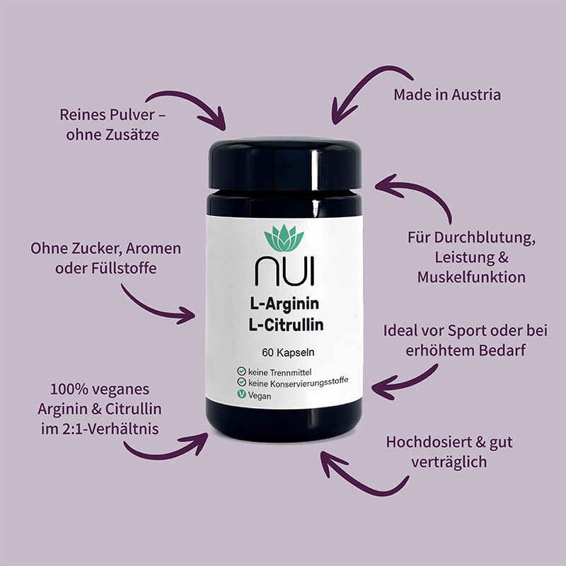 Lila Hintergrund mit einer Flasche NUI L-Arginin & L-Citrullin in der Mitte. Drumherum kreisförmig Pfeile mit Text: ‘2500 mg L-Arginin & 500 mg L-Citrullin pro Tagesdosis’, ‘Für mehr Leistung & Ausdauer’, ‘Ohne Zusatzstoffe, vegan’, ‘Täglich 2 Kapseln vor dem Training.