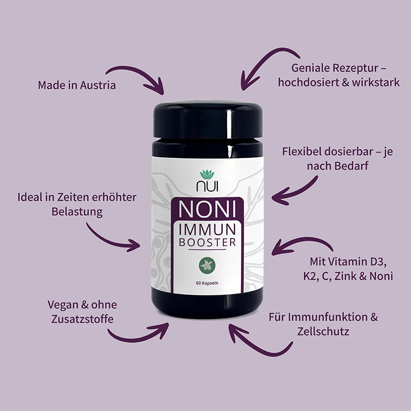 Lila Hintergrund mit einer Flasche NUI NONI Immunbooster in der Mitte. Drumherum kreisförmig Pfeile mit Text: ‘Vitamin C & Zink – stark fürs Immunsystem’, ‘Mit fermentierter Noni für bessere Bioverfügbarkeit’, ‘Nur 1 Kapsel täglich’, ‘Vegan & ohne Zusatzstoffe.