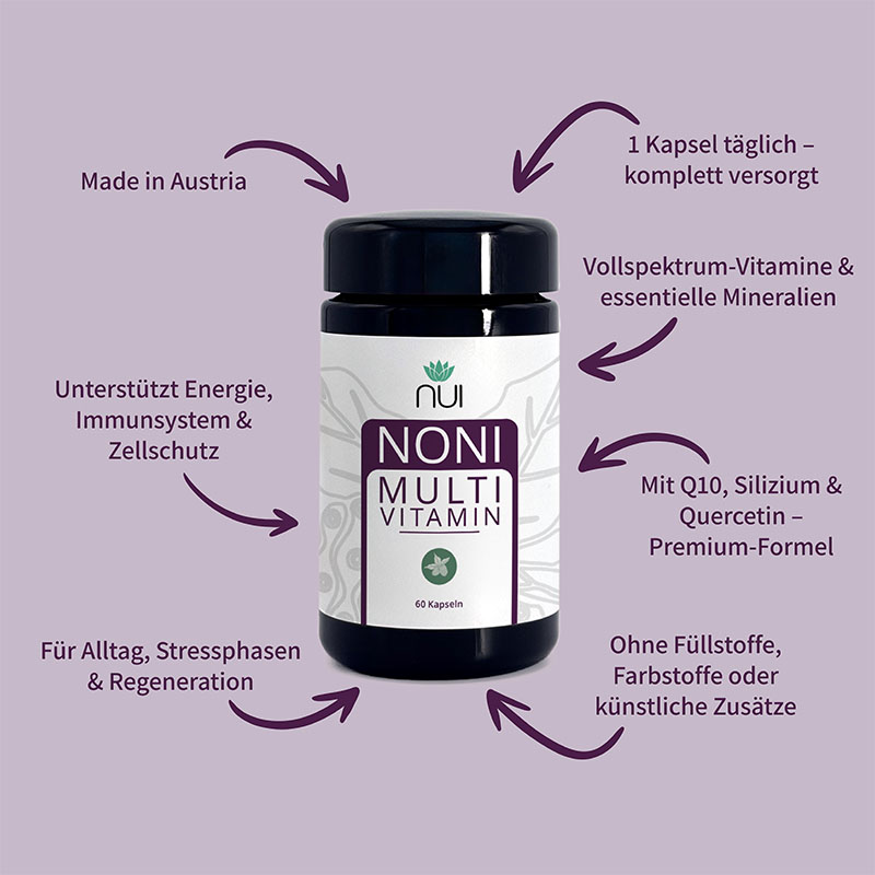 Lila Hintergrund mit einer Flasche NUI NONI Multivitamin in der Mitte. Drumherum kreisförmig Pfeile mit Text: ‘13 Vitamine für Zellen & Abwehr’, ‘Fermentiertes Noni für bessere Bioverfügbarkeit’, ‘Coenzym Q10 für Energie’, ‘100 % vegan & ohne Zusatzstoffe.