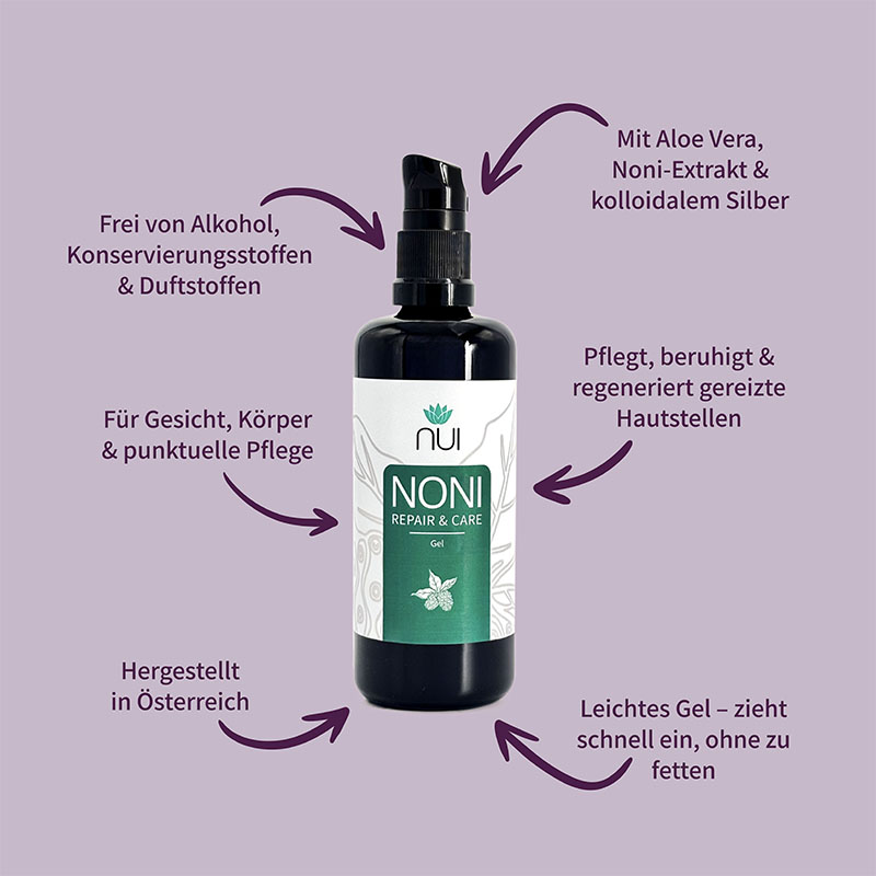 Lila Hintergrund mit einer Flasche NUI NONI Repair & Care Gel in der Mitte. Drumherum kreisförmig Pfeile mit Text: ‘Mit Aloe Vera & Hyaluron’, ‘Zieht schnell ein, nicht fettend’, ‘Beruhigt & regeneriert empfindliche Haut’, ‘Für tägliche Anwendung geeignet.