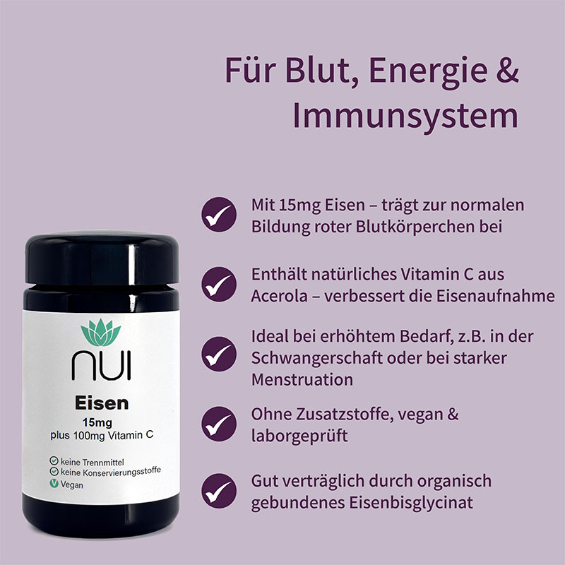Lila Hintergrund mit Überschrift: ‘Für Blut, Energie & Immunsystem’. Links Bulletpoints: ‘Trägt zur normalen Bildung von Hämoglobin bei’, ‘Unterstützt den Energiestoffwechsel & das Immunsystem’, ‘Vegan & ohne Zusatzstoffe’. Rechts eine Flasche NUI Eisen.