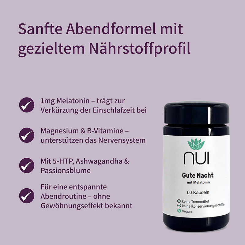 Lila Hintergrund mit Überschrift: ‘Sanfte Abendformel mit gezieltem Nährstoffprofil’. Links Bulletpoints: ‘Mit Melatonin für verkürzte Einschlafzeit’, ‘Pflanzliche Extrakte für beruhigende Wirkung’, ‘Vegan & ohne Zusatzstoffe’. Rechts eine Flasche NUI Gute Nacht mit Melatonin.