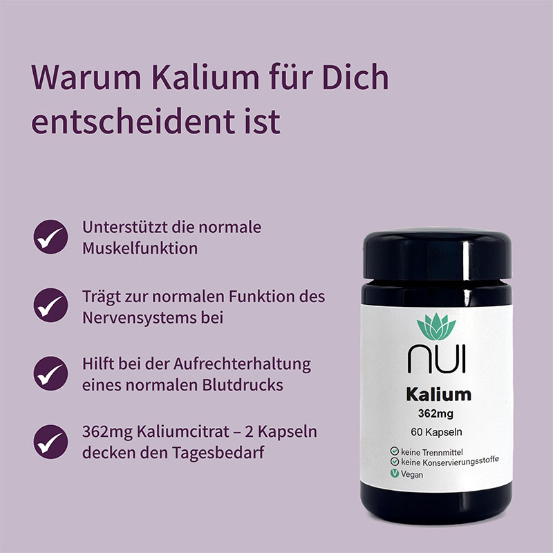 Lila Hintergrund mit Überschrift: ‘Warum Kalium für Dich entscheidend ist’. Links Bulletpoints: ‘Trägt zur normalen Muskelfunktion bei’, ‘Reguliert den Blutdruck & das Elektrolytgleichgewicht’, ‘Vegan & ohne Zusatzstoffe’. Rechts eine Flasche NUI Kalium.
