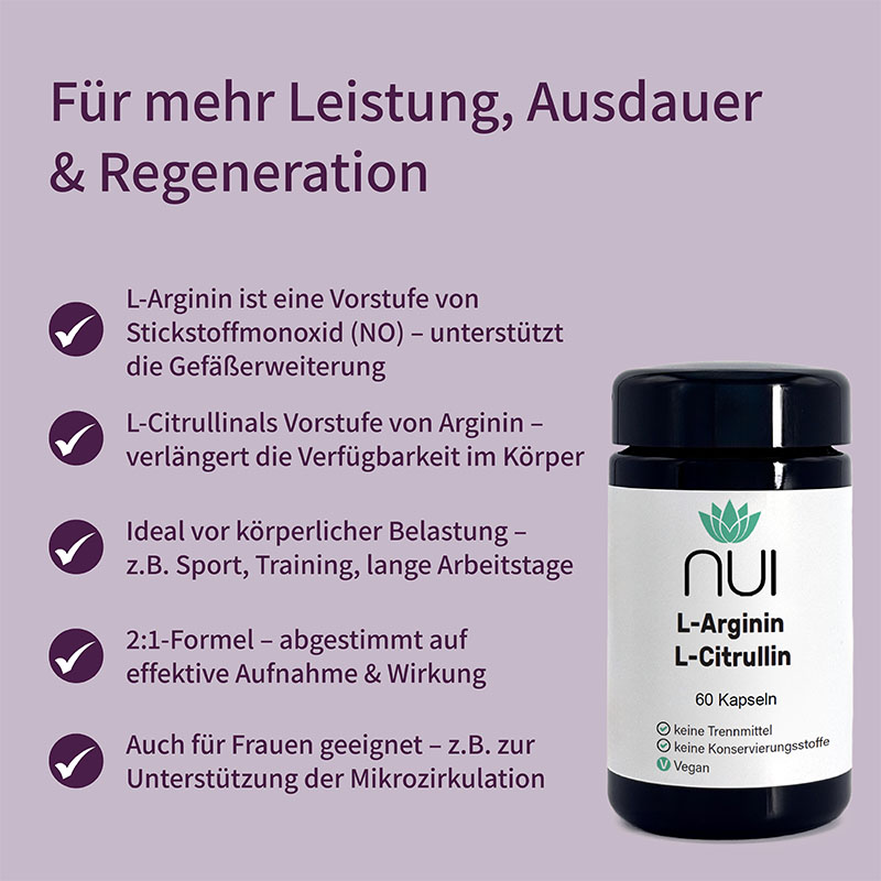 Lila Hintergrund mit Überschrift: ‘Für mehr Leistung, Ausdauer & Regeneration’. Links Bulletpoints: ‘L-Arginin & L-Citrullin für Stickstoffmonoxidproduktion’, ‘Fördert Durchblutung & Muskelleistung’, ‘Ideal für Sportler & aktive Menschen’. Rechts eine Flasche NUI L-Arginin & L-Citrullin.