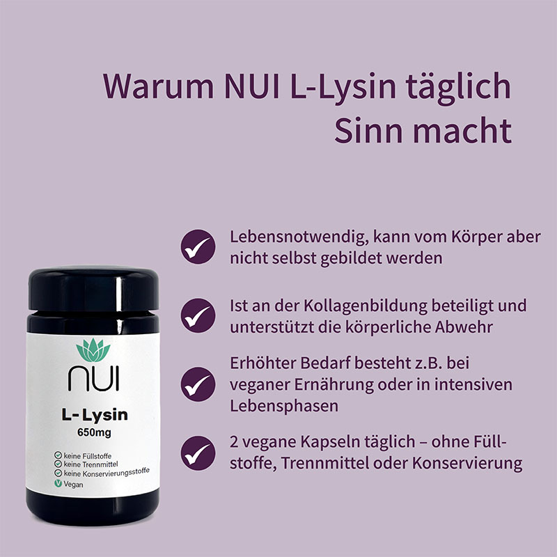 Lila Hintergrund mit Überschrift: ‘Warum NUI L-Lysin täglich Sinn macht’. Links Bulletpoints: ‘Essentielle Aminosäure für Haut, Haare & Immunsystem’, ‘Besonders wichtig für Vegetarier & Veganer’, ‘100 % vegan & ohne Zusatzstoffe’. Rechts eine Flasche NUI L-Lysin.