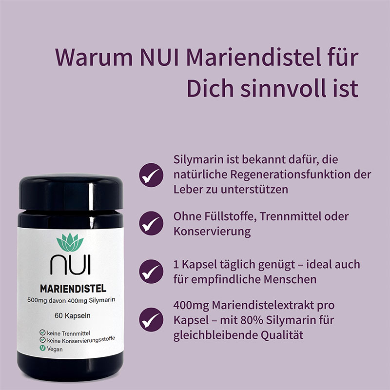 Lila Hintergrund mit Überschrift: ‘Warum NUI Mariendistel für Deinen Körper sinnvoll ist’. Links Bulletpoints: ‘Mit hochdosiertem Silymarin-Extrakt’, ‘Unterstützt Leber & Verdauung’, ‘Rein pflanzlich & vegan’. Rechts eine Flasche NUI Mariendistel.