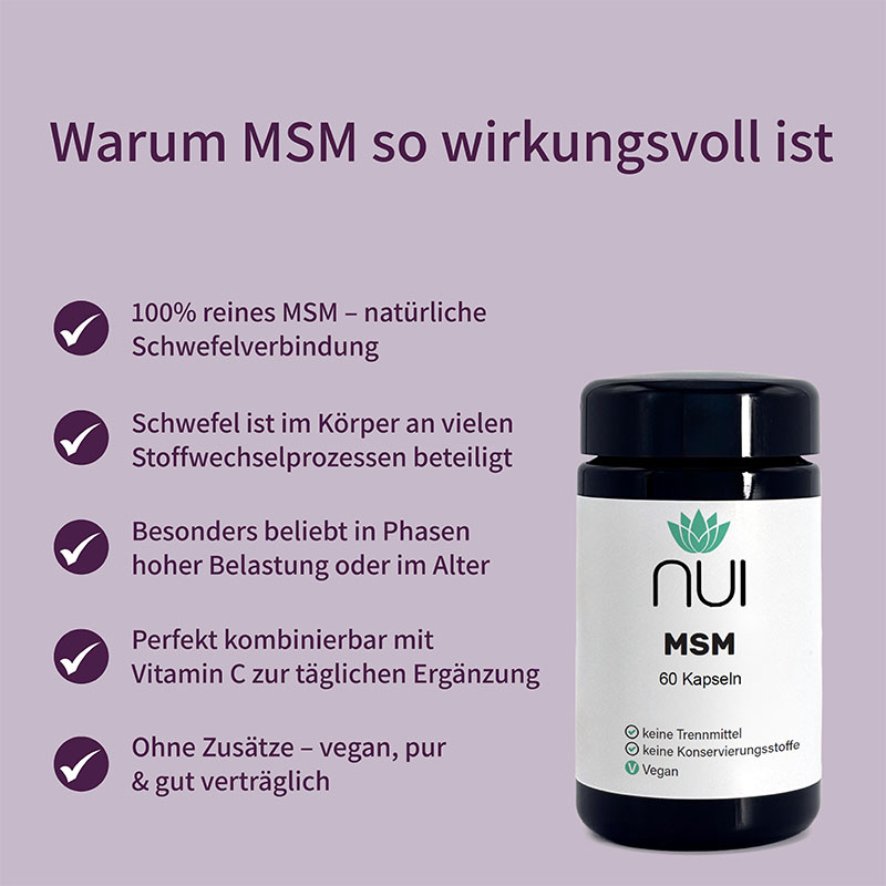 Lila Hintergrund mit Überschrift: ‘Warum MSM so wirkungsvoll ist’. Links Bulletpoints mit Haken: ‘100 % reines MSM – natürliche Schwefelverbindung’, ‘Schwefel ist im Körper an vielen Stoffwechselprozessen beteiligt’, ‘Besonders beliebt in Phasen hoher Belastung oder im Alter’, ‘Perfekt kombinierbar mit Vitamin C zur täglichen Ergänzung’, ‘Ohne Zusätze – vegan, pur & gut verträglich’. Rechts eine Flasche NUI MSM mit Etikett: ‘60 Kapseln, keine Trennmittel, keine Konservierungsstoffe, vegan.