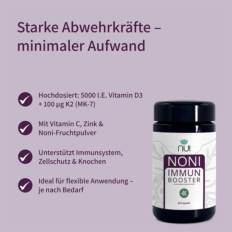 Lila Hintergrund mit Überschrift: ‘Starke Abwehrkräfte – minimaler Aufwand’. Links Bulletpoints: ‘Mit Vitamin C (500 mg) & Zink’, ‘Unterstützt Immunsystem & Zellen’, ‘Ideal in Erkältungszeiten’. Rechts eine Flasche NUI NONI Immunbooster.