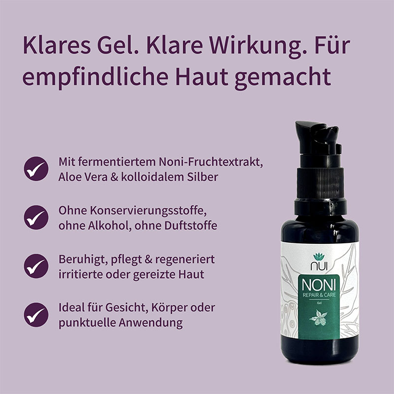 Lila Hintergrund mit einer Flasche NUI NONI Repair & Care Gel in der Mitte. Drumherum kreisförmig Pfeile mit Text: ‘Mit Aloe Vera & Hyaluron’, ‘Zieht schnell ein, nicht fettend’, ‘Beruhigt & regeneriert empfindliche Haut’, ‘Für tägliche Anwendung geeignet.