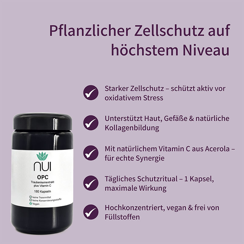 Lila Hintergrund mit Überschrift: ‘Pflanzlicher Zellschutz auf höchstem Niveau’. Links Bulletpoints: ‘Reich an OPC-Polyphenolen’, ‘Schützt Zellen vor freien Radikalen’, ‘Ideal für Haut, Gefäße & Bindegewebe’. Rechts eine Flasche NUI OPC Traubenkernextrakt.