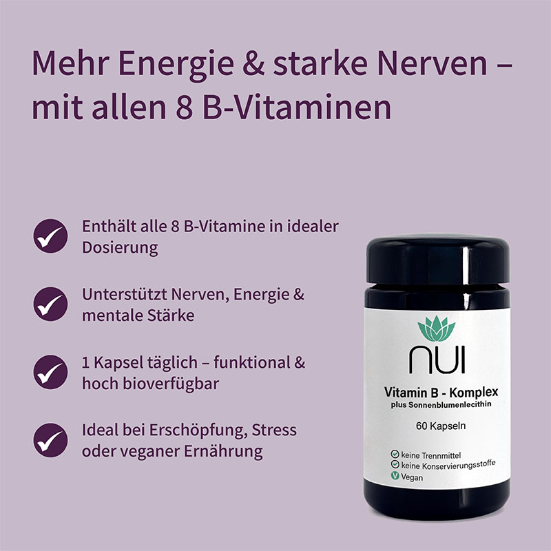 Lila Hintergrund mit Überschrift: ‘Mehr Energie & starke Nerven – mit allen 8 B-Vitaminen’. Links eine Flasche NUI Vitamin B-Komplex, rechts Bulletpoints: ‘Optimal dosiert für Energie & Nerven’, ‘Mit aktivierten B-Vitaminen, Europa B’, ‘Ideal bei Stress & veganer Ernährung’