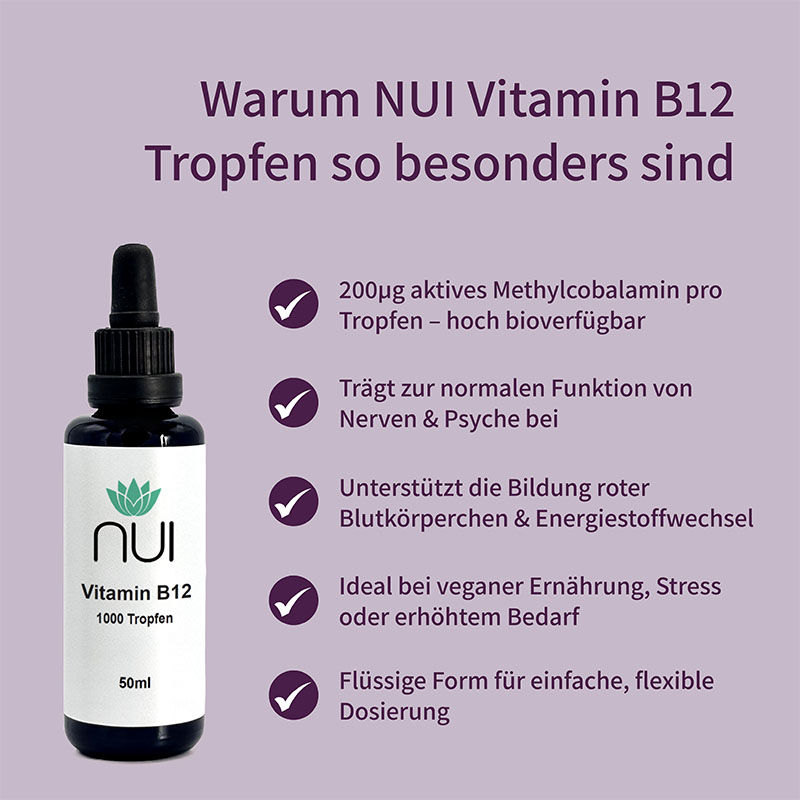 Lila Hintergrund mit Überschrift: ‘Warum NUI Vitamin B12 Tropfen so besonders sind’. Links eine Flasche NUI Vitamin B12 Tropfen, rechts Bulletpoints: ‘Mit bioaktiver Methylcobalamin-Form’, ‘Ideal für Nerven, Energie & Blutbildung’, ‘Ohne Füllstoffe, vegan.