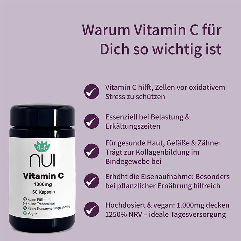 Lila Hintergrund mit Überschrift: Warum Vitamin C für Dich so wichtig ist’ Links eine Flasche NUI Vitamin C 1000 mg, rechts Bulletpoints: Unterstützt das Immunsystem, Fördert Kollagenaufbau & Zellschutz, Wichtig bei Stress & veganer Ernährung, 1000 mg hochdosiert pro Kapsel.