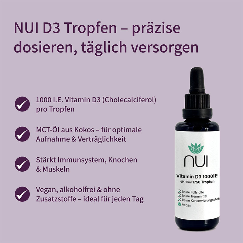 Lila Hintergrund mit Überschrift: ‘NUI D3 Tropfen – präzise dosieren, täglich versorgen’. Links Bulletpoints: ‘Ideal für individuelle Dosierung’, ‘Unterstützt Knochen, Muskeln & Immunsystem’, ‘1 Tropfen = 800 IE’. Rechts eine Flasche NUI D3 Tropfen.