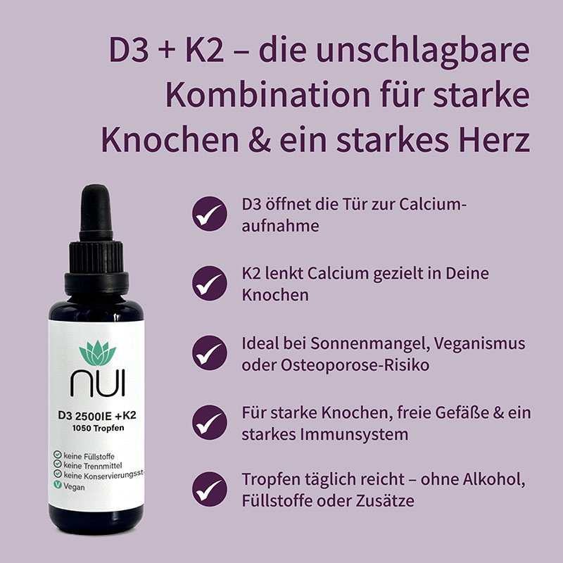 Lila Hintergrund mit Überschrift: ‘D3 + K2 – die unschlagbare Kombination für starke Knochen & ein starkes Herz’. Links Bulletpoints: ‘2.500 IE Vitamin D3 + 100 µg K2’, ‘Ohne Zusätze, vegan’, ‘Laborgeprüft’. Rechts eine Flasche NUI D3 2500 IE + K2 Tropfen.