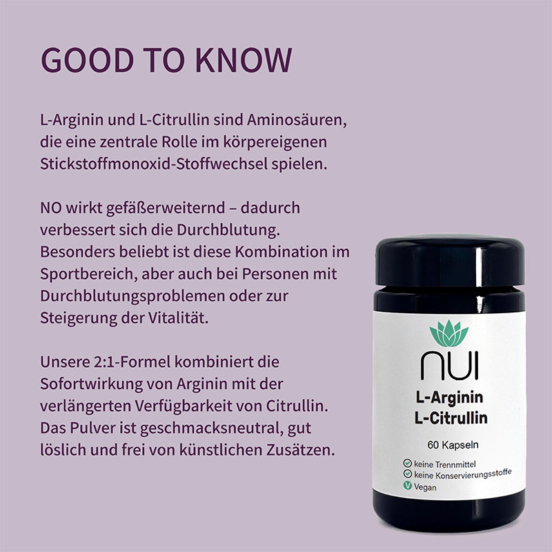 Lila Hintergrund mit Überschrift: ‘GOOD TO KNOW’. Textblock: ‘L-Arginin & L-Citrullin sind semi-essentielle Aminosäuren, die die Durchblutung & den Energiestoffwechsel fördern. Ideal für Sport, Leistung & Regeneration.’ Rechts eine Dose NUI L-Arginin & L-Citrullin.