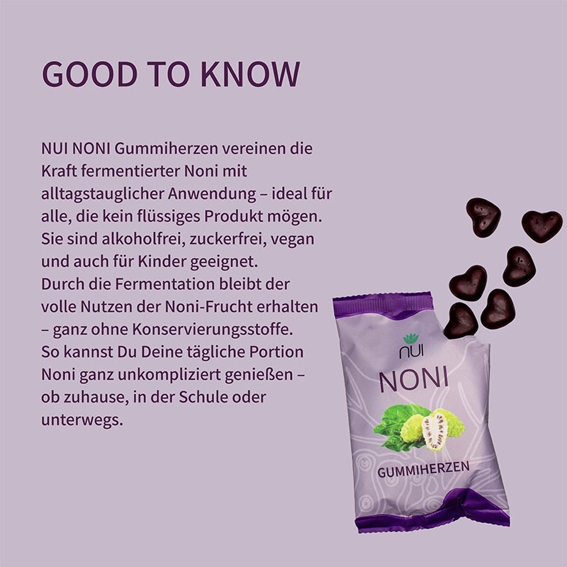 Lila Hintergrund mit Überschrift: ‘Warum NUI NONI Gummiherzen für Dich wichtig sind’. Links eine Packung NUI NONI Gummiherzen, rechts Bulletpoints: ‘Mit fermentierter Noni & Vitamin C’, ‘Fruchtig lecker, vegan & ohne Gelatine’, ‘Ideal für zwischendurch.