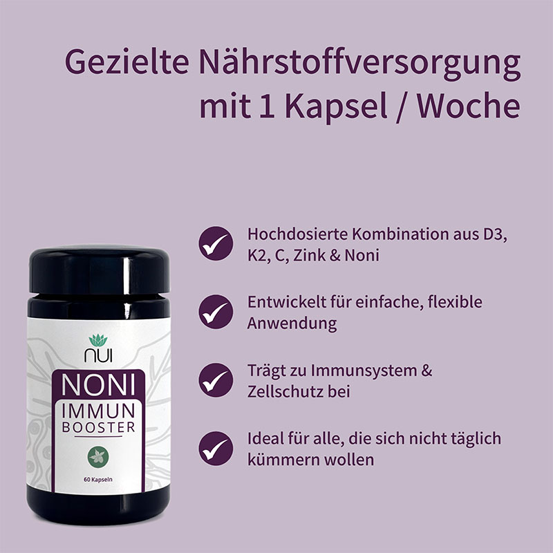 Lila Hintergrund mit Überschrift: ‘Gezielte Nährstoffversorgung mit 1 Kapsel/Woche’. Links Bulletpoints: ‘7.000 IE Vitamin D3 pro Kapsel’, ‘Für Immunsystem, Knochen & Muskeln’, ‘Wöchentliche Einnahme – einfach & praktisch’. Rechts eine Flasche NUI Vitamin D3 Kapseln (wöchentlich).