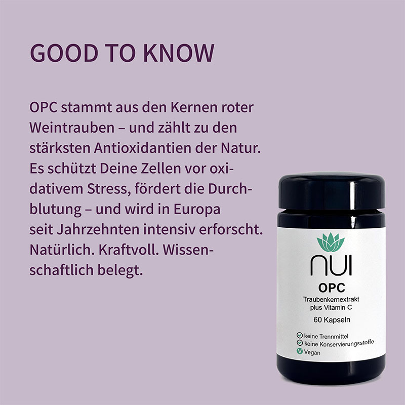 Lila Hintergrund mit Überschrift: ‘GOOD TO KNOW’. Textblock: ‘OPC Traubenkernextrakt enthält hochkonzentrierte Polyphenole, die Zellen vor oxidativem Stress schützen und die Kollagenbildung unterstützen.’ Rechts eine Flasche NUI OPC Traubenkernextrakt.