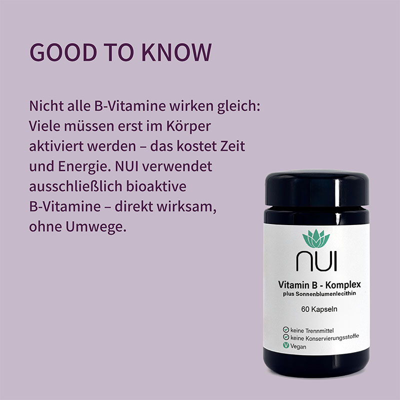 Lila Hintergrund mit Überschrift: ‘GOOD TO KNOW’. Textblock: ‘Alle 8 B-Vitamine wirken gleich mehrfach – sie unterstützen Energie, Nerven, Psyche und Stoffwechsel. Ideal bei Stress und veganer Ernährung.’ Rechts eine Flasche NUI Vitamin B-Komplex.