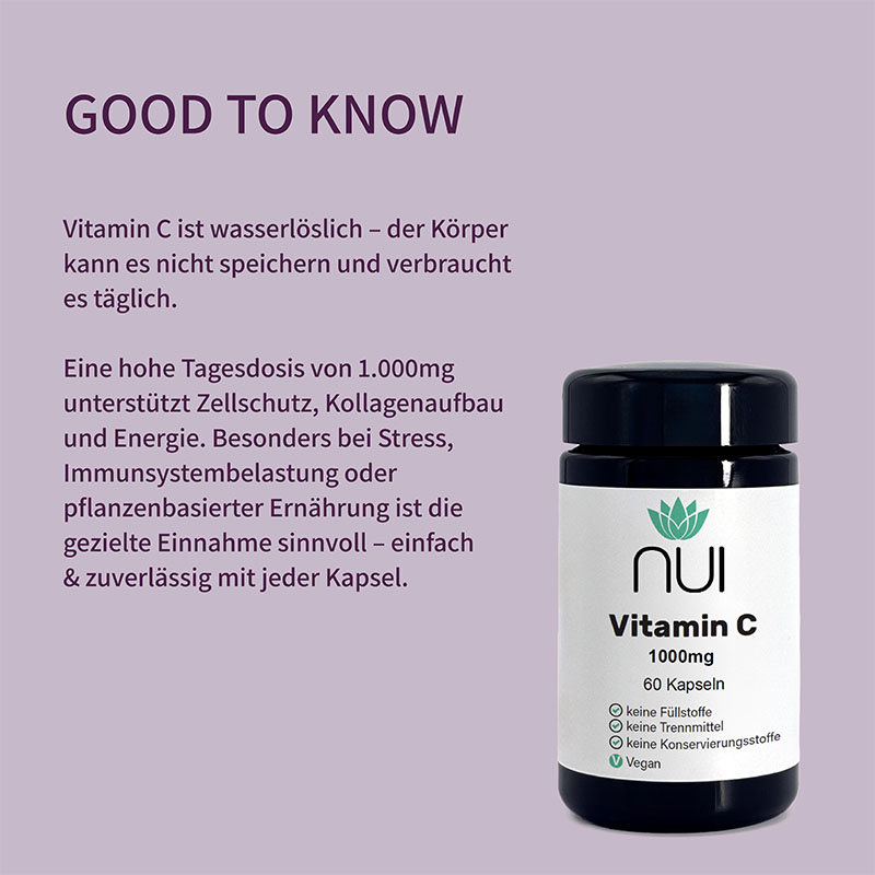 Lila Hintergrund mit Überschrift: ‘GOOD TO KNOW’. Textblock: ‘Vitamin C ist wasserlöslich – der Körper kann es nicht speichern und verbraucht es täglich. Eine hohe Tagesdosis von 1.000 mg unterstützt Zellschutz, Kollagenaufbau und Energie. Besonders bei Stress, Immunsystembelastung oder pflanzenbasierter Ernährung ist die gezielte Einnahme sinnvoll – einfach & zuverlässig mit jeder Kapsel.’ Rechts daneben eine Flasche NUI Vitamin C 1000 mg mit Etikett: ‘keine Füllstoffe, keine Trennmittel, keine Konservierungsstoffe, vegan.