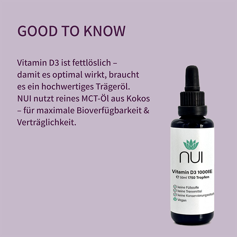 Lila Hintergrund mit Überschrift: ‘GOOD TO KNOW’. Textblock: ‘Vitamin D3 ist fettlöslich und sollte zu einer Mahlzeit mit Fett eingenommen werden. Hoch bioverfügbar dank MCT-Öl.’ Rechts daneben eine Flasche NUI D3 Tropfen.