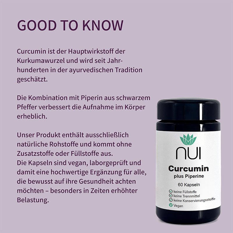 Lila Hintergrund mit Überschrift: ‘GOOD TO KNOW’. Textblock: ‘Curcumin ist der aktive Bestandteil von Kurkuma und wird seit Jahrhunderten in der Pflanzenkunde geschätzt. Piperin aus schwarzem Pfeffer erhöht die Bioverfügbarkeit um ein Vielfaches. NUI Curcumin plus Piperin ist vegan und frei von Zusatzstoffen.’ Rechts eine Flasche NUI Curcumin plus Piperin.