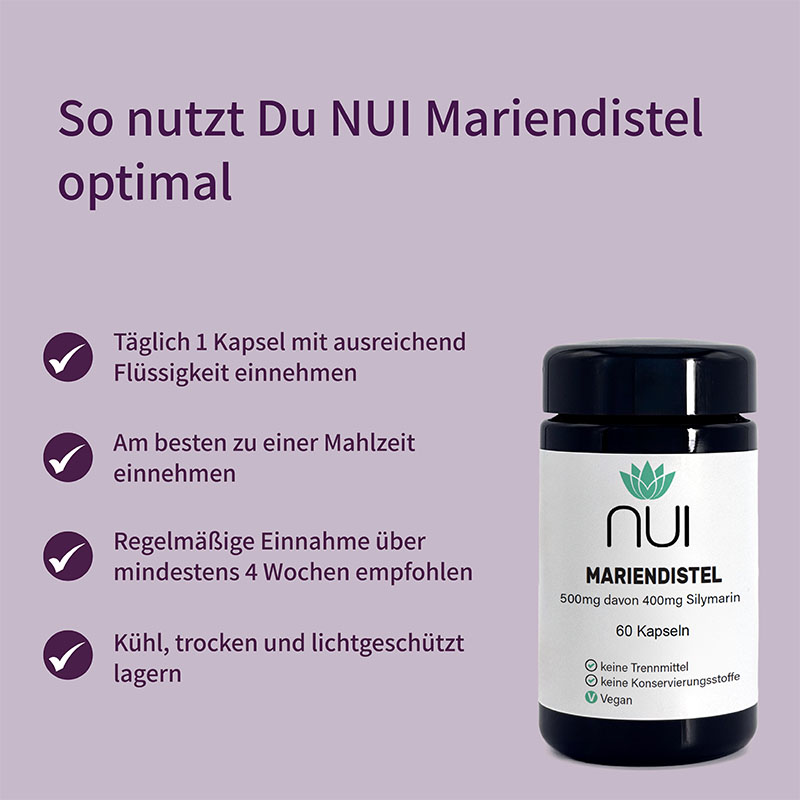 Lila Hintergrund mit Überschrift: ‘So nutzt Du NUI Mariendistel optimal’. Links Bulletpoints: ‘Täglich 1 Kapsel mit ausreichend Flüssigkeit einnehmen’, ‘Am besten morgens oder abends’, ‘Für eine Kur über 4–6 Wochen geeignet’. Rechts eine Flasche NUI Mariendistel.