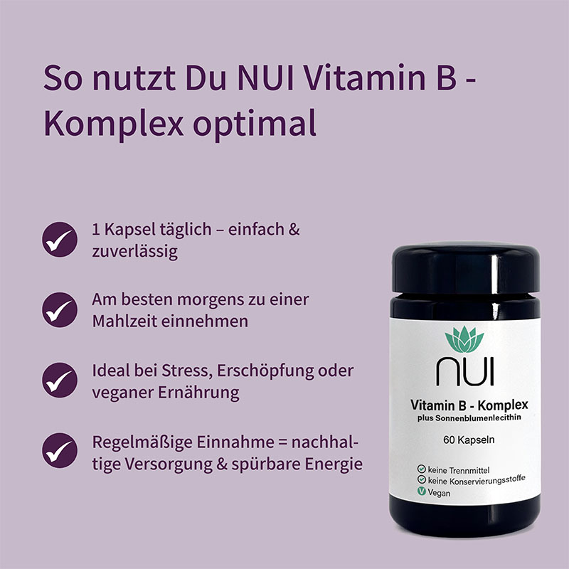 Lila Hintergrund mit Überschrift: ‘So nutzt Du NUI Vitamin B-Komplex optimal’. Links Bulletpoints: ‘Täglich 1 Kapsel mit Flüssigkeit einnehmen’, ‘Ideal morgens oder mittags’, ‘Regelmäßig für stabile Versorgung’. Rechts eine Flasche NUI Vitamin B-Komplex.