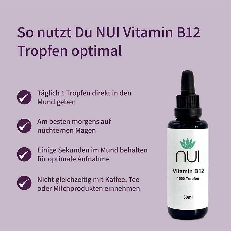 Lila Hintergrund mit Überschrift: ‘So nutzt Du NUI Vitamin B12 Tropfen optimal’. Links Bulletpoints: ‘Täglich 1 Tropfen direkt in den Mund oder unter die Zunge’, ‘Ideal morgens auf nüchternen Magen’, ‘Regelmäßig für stabile Versorgung’. Rechts eine Flasche NUI Vitamin B12 Tropfen.