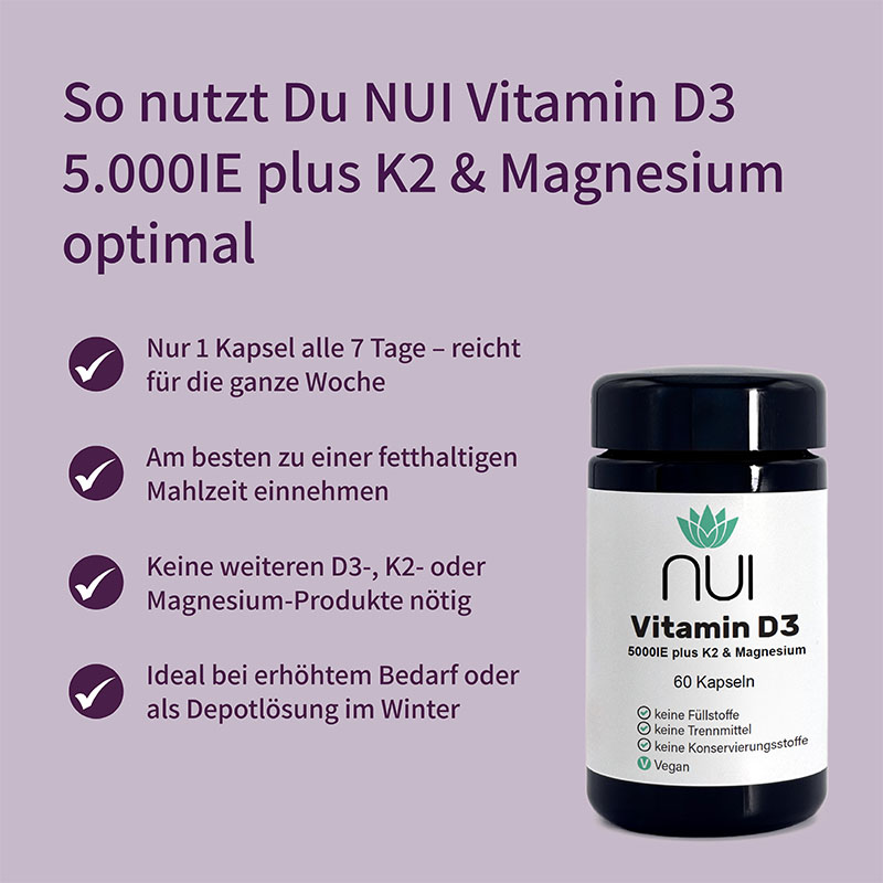 Lila Hintergrund mit Überschrift: ‘So nutzt Du NUI Vitamin D3 5.000 IE plus K2 & Magnesium optimal’. Links Bulletpoints: ‘Täglich 1 Kapsel mit ausreichend Flüssigkeit einnehmen’, ‘Am besten zu einer Mahlzeit mit Fett’, ‘Kühl, trocken & lichtgeschützt lagern’. Rechts eine Flasche NUI Vitamin D3 + K2 + Magnesium.