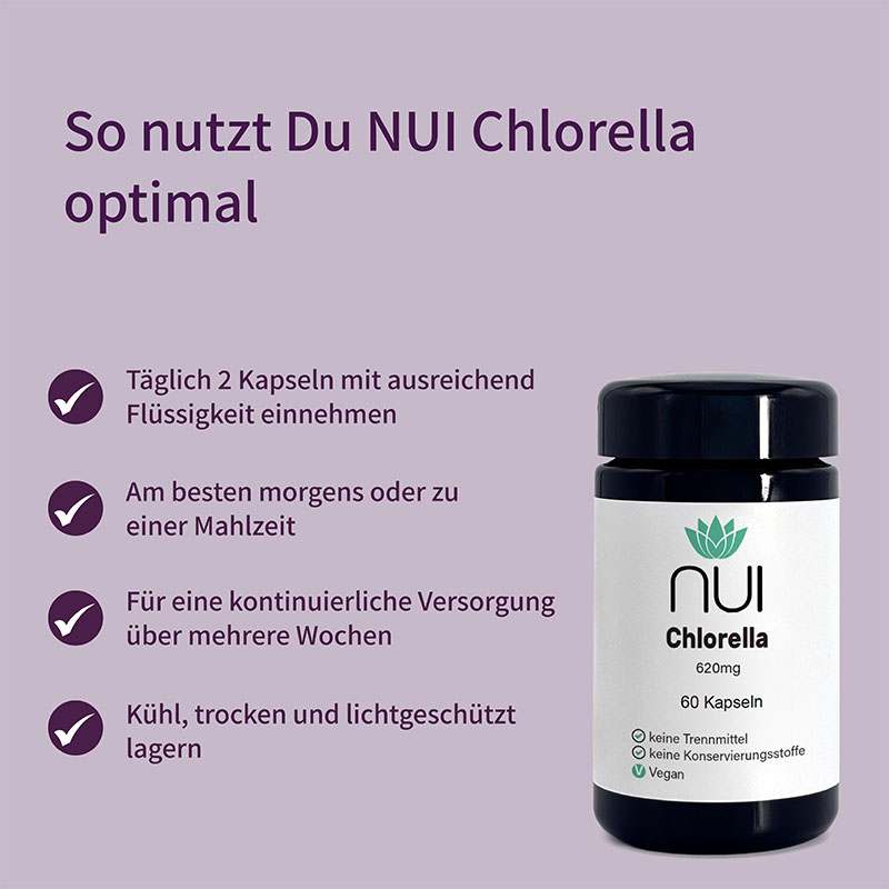 Lila Hintergrund mit Überschrift: ‘So nutzt Du NUI Chlorella optimal’. Links Bulletpoints: ‘Täglich 2–4 Tabletten mit ausreichend Flüssigkeit einnehmen’, ‘Am besten morgens oder mittags’, ‘Für eine Kur über 4–8 Wochen geeignet’. Rechts eine Flasche NUI Chlorella.