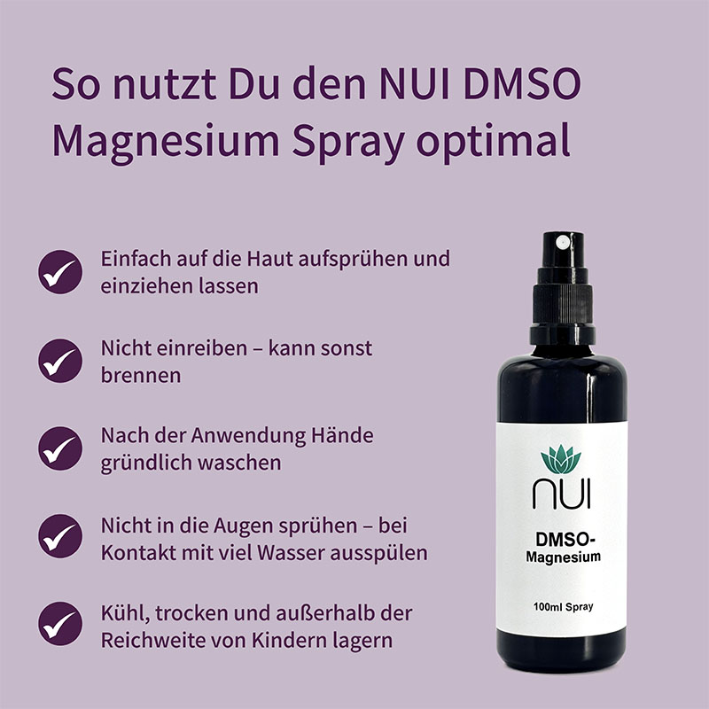 Lila Hintergrund mit Überschrift: ‘So nutzt Du NUI DMSO Magnesium Spray optimal’. Links Bulletpoints: ‘1–3 Sprühstöße auf die Haut auftragen’, ‘Nicht einreiben, einziehen lassen’, ‘Nicht geeignet für Kinder, Schwangere & Stillende’. Rechts eine Flasche NUI DMSO Magnesium Spray.