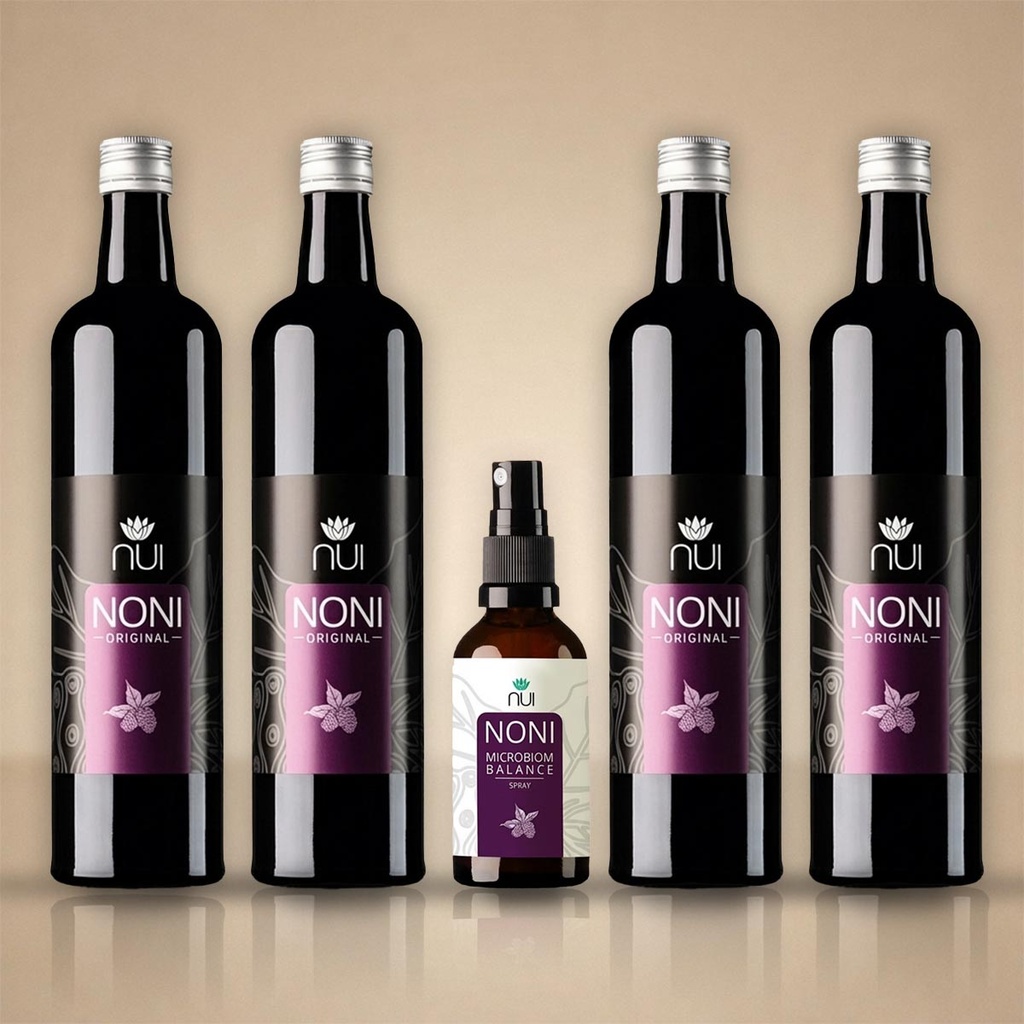 NUI NONI Original - 4 x 750ml + 1x Microbiom Balance Spray 50ml