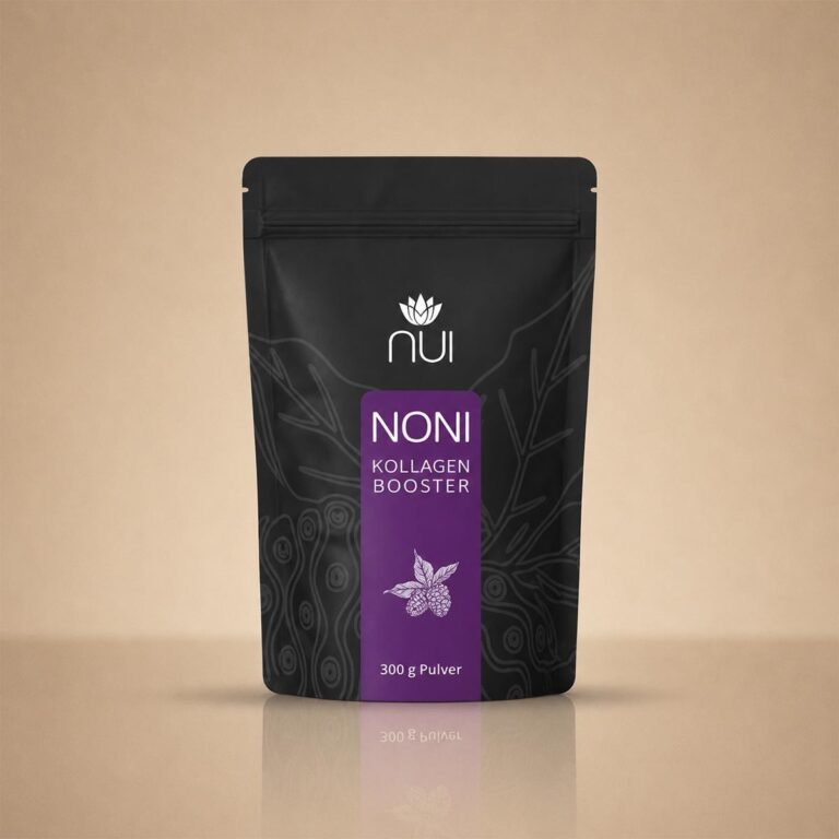 NUI NONI Kollagen Booster Pulver in schwarzer, wiederverschliessbarer Standbodenverpackung mit violettem Etikett, 300 g