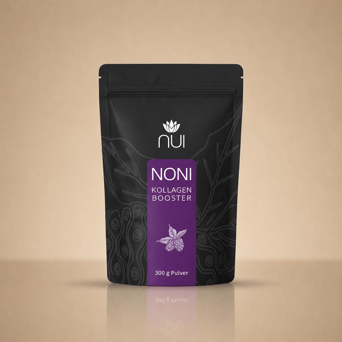 NUI NONI Kollagen Booster Pulver in schwarzer, wiederverschliessbarer Standbodenverpackung mit violettem Etikett, 300 g