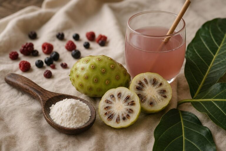 Noni-Frucht, Kollagenpulver auf Holzlöffel und Beeren – Zutaten des veganen NUI NONI Kollagen Boosters
