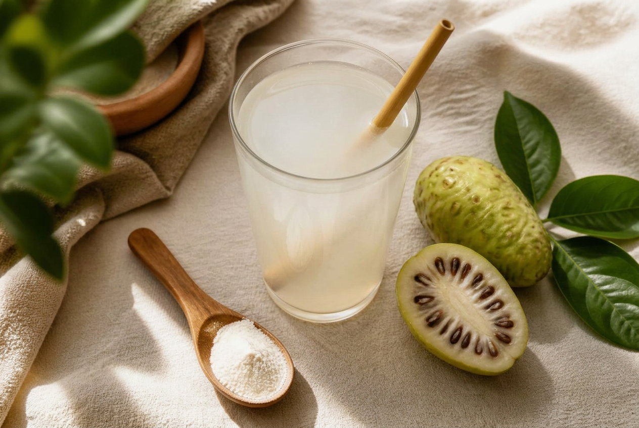Glas mit angerührtem NUI NONI Upgrade Vital, Holzlöffel mit Pulver sowie frische und aufgeschnittene Noni-Frucht auf natürlichem Hintergrund.